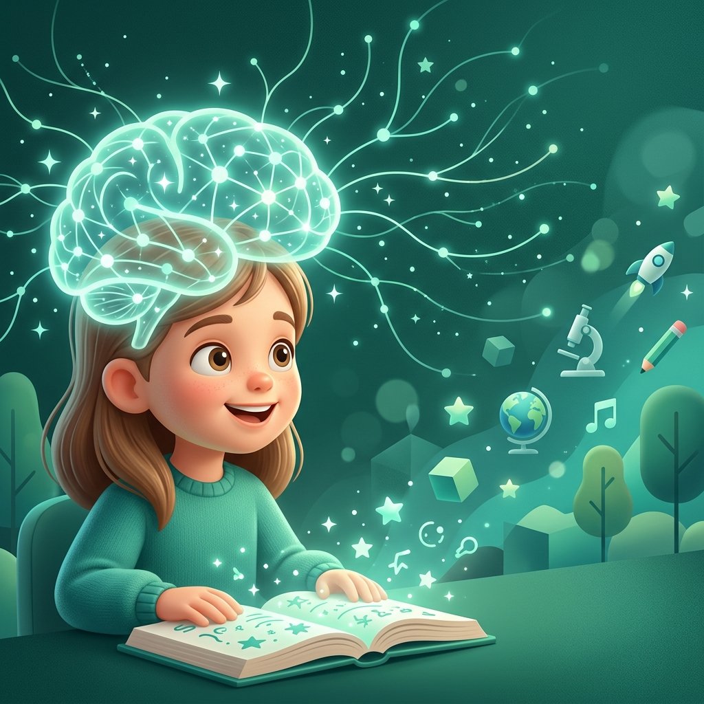 Child with a glowing brain illustration